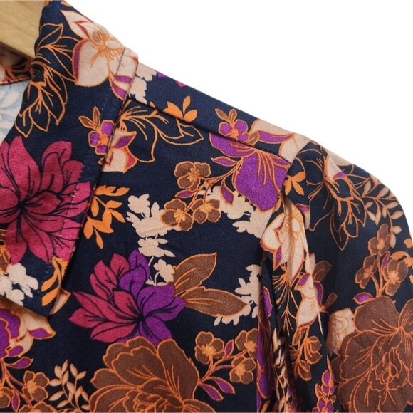 Democracy Top Womens M Purple Dark Floral Viscose Button Up Pleated 3/4 Sleeve - Picture 10 of 13